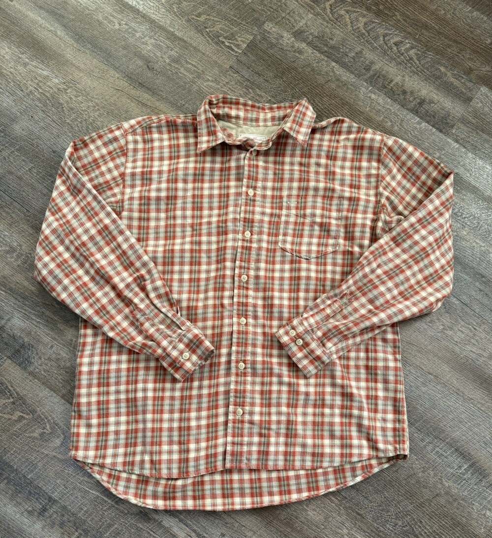 Vintage Eddie Bauer Shirt Mens XL Tall Beige Check Button Up Flannel Vintage